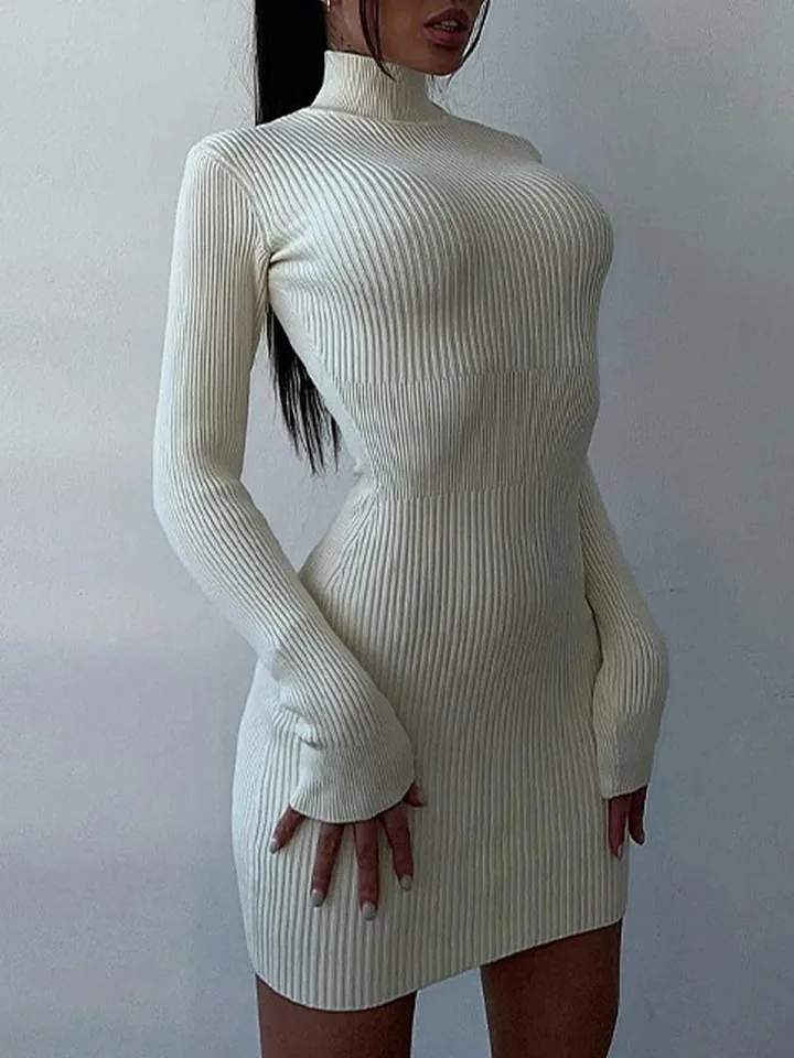 Women Knitted Dress Elegant Fashion White Turtleneck Bodycon Midi