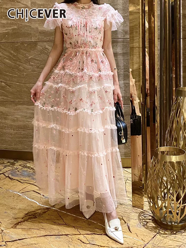 

CHICEVER Embroidery Floral Dresses For Women Roound Neck Short Sleeve High Waist Hit Color Sweet Mesh Maxi Dress Female Summer