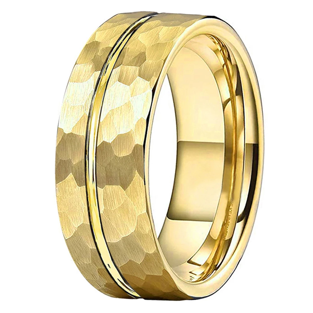 

Gold Tungsten Carbide Wedding Hammered Ring Offset Grooved Rose Black For Women Men Flat Domed 8mm Brushed Finish Comfort Fit