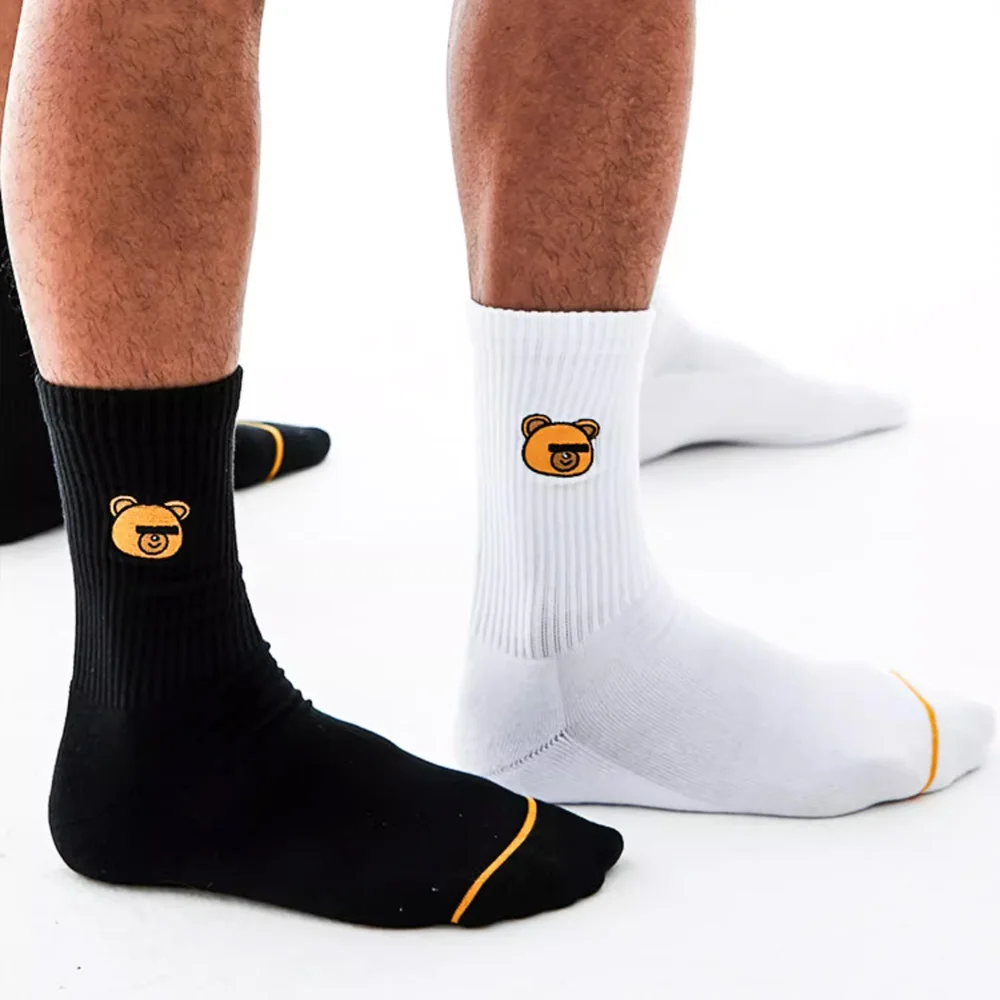 Black White Sports Fitness Embroidered Bear Cotton Socks Towel Sole Breathable Wicking Cotton Socks