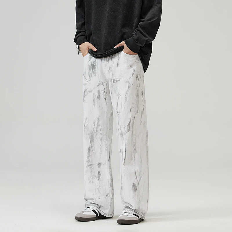 2024Spring and Summer American Niche Tie-Dyed Washed Dirty White Jeans Men's and Women's Loose Straight Drooping Trousers