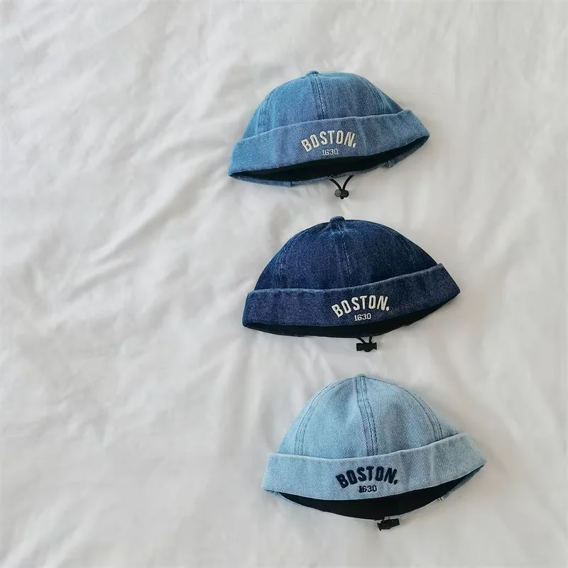 Blue Denim Baby Beanie Hat - 1-3Y Drawstring Hip Hop Cap