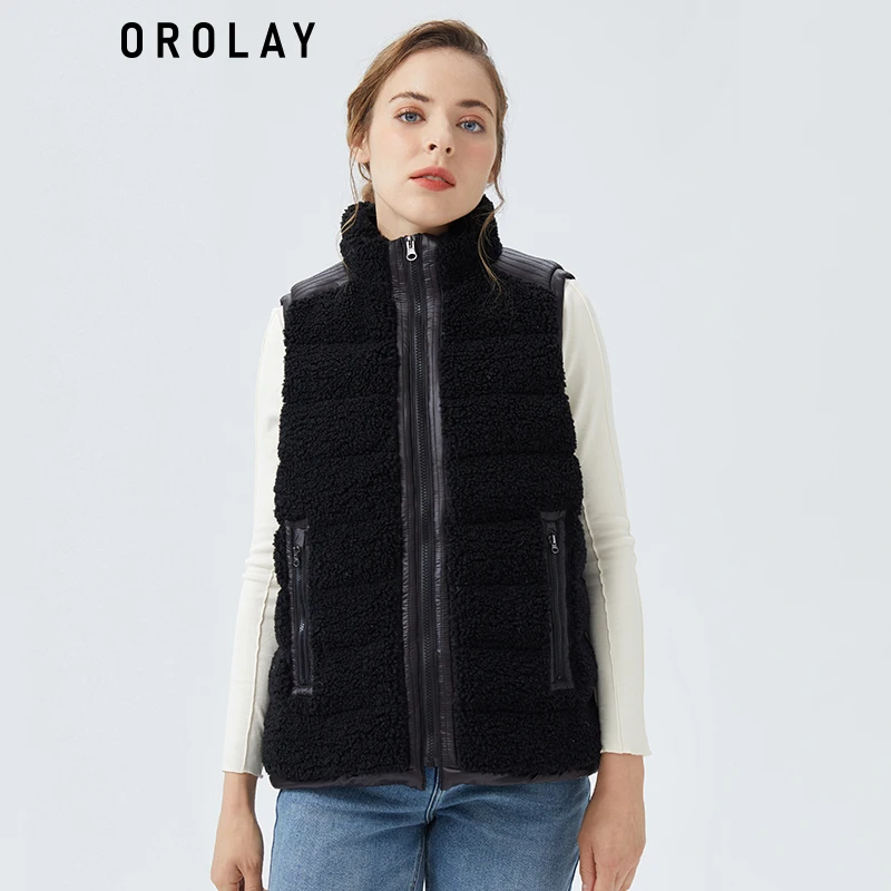 

Orolay Women's Casual Fleece Down Vest Warm Outwear Shearling Shaggy Short Vest with Stand Collar