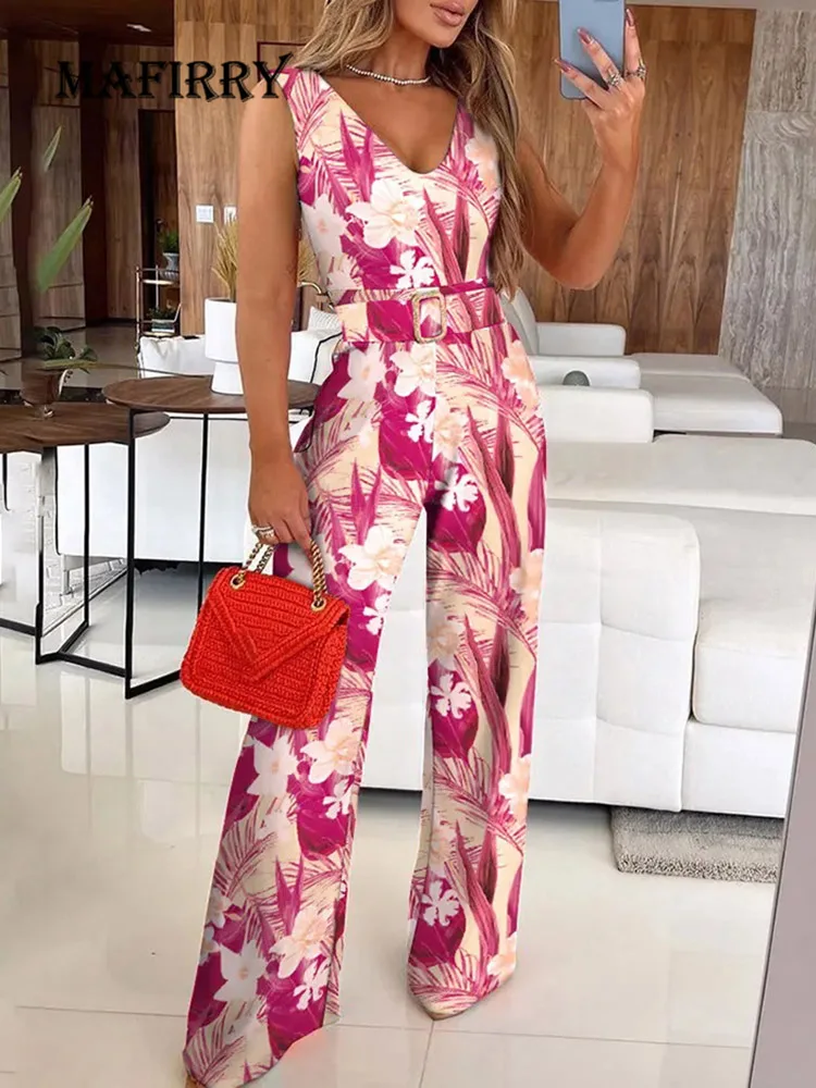 

Female Off Shoulder High Waist Jumpsuits Streetwear Print V Neck Sleeveless Women Rompers Casual Wide Leg Pants Loose Overalls