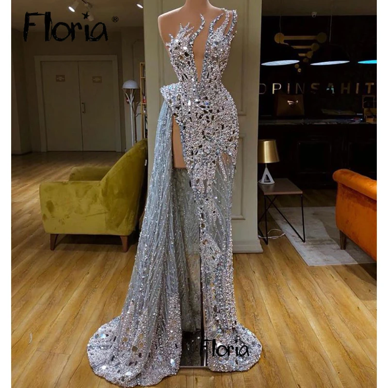 

Silver Heavy Beaded Evening Dress Dubai SIde Train Wedding Party Gowns Arabic Stones Long Prom Gowns 2024 Celebrity Dresses