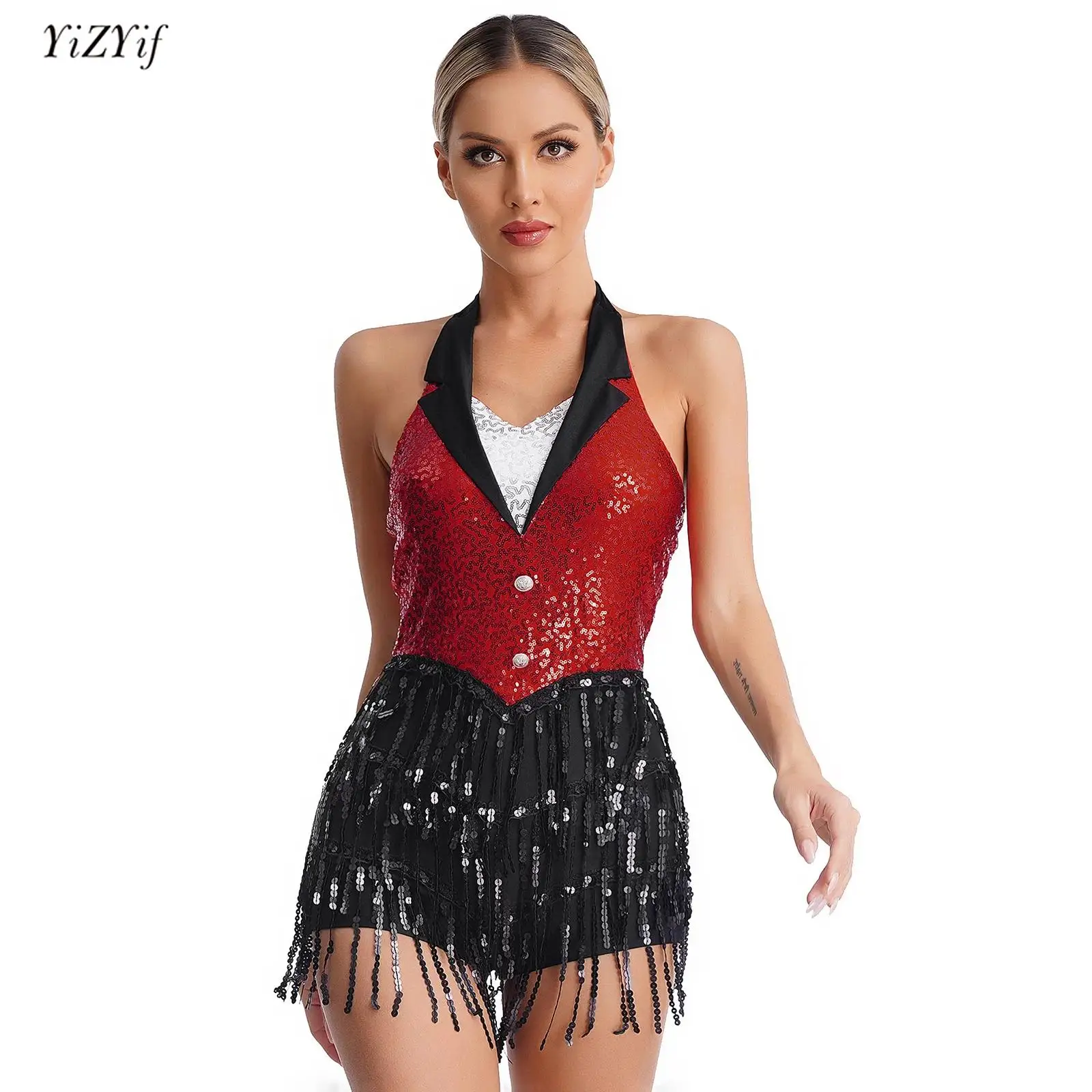 

Womens Jazz Latin Dance Costume Shiny Sequins Fringe Jumpsuit Halter Sleeveless Tassel Leotard Dancewear Rumba Samba Dance Dress