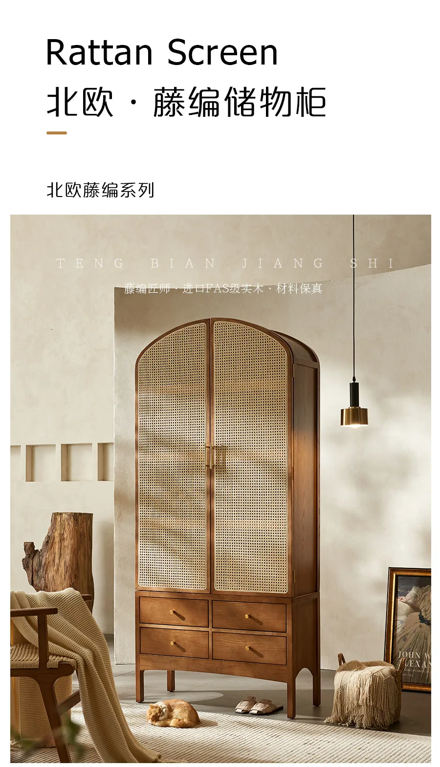 Description Picture 2 of itemVintage solid wood rattan locker housekeeping B & B Wabi Safi display decorative storage cabinet