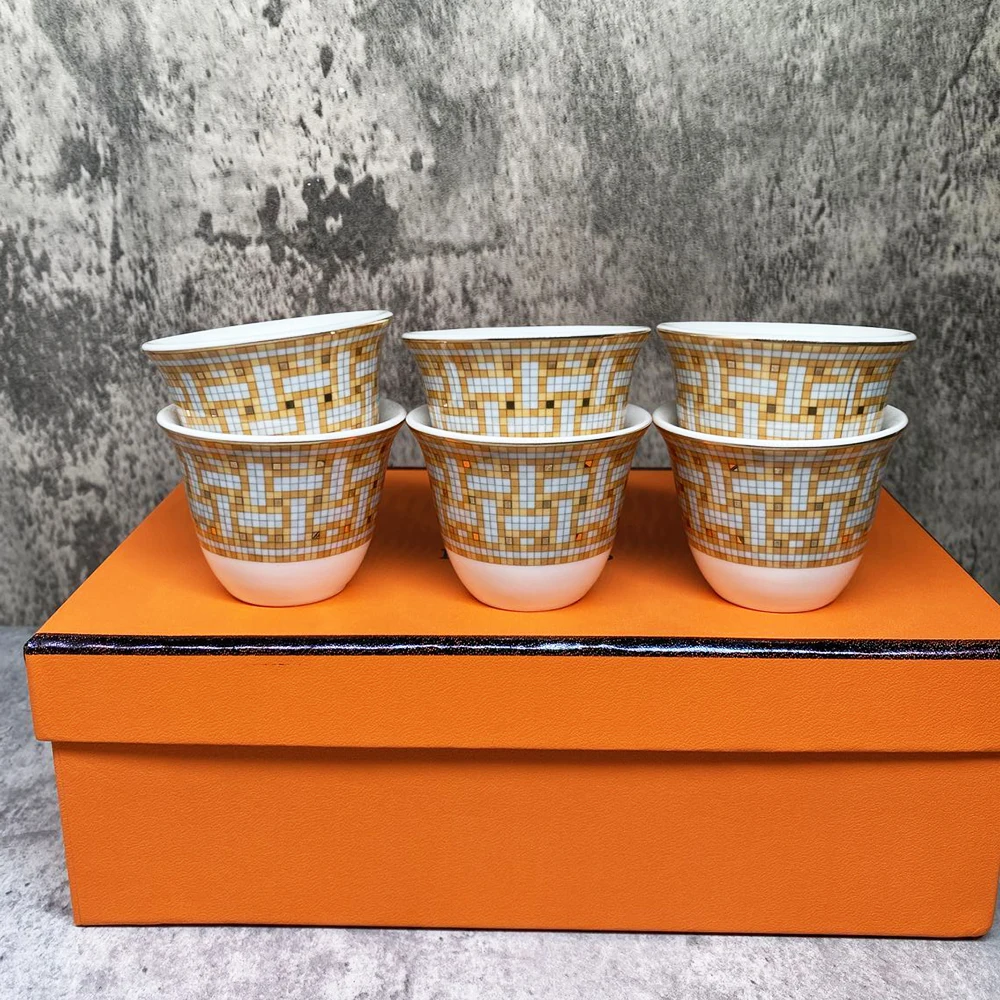 6PCS/Set Luxury Gold Porcelain Tea Cups Bone China Espresso Coffee Cup Set In Orange Box Drinkware Wedding Birthday Housewarming