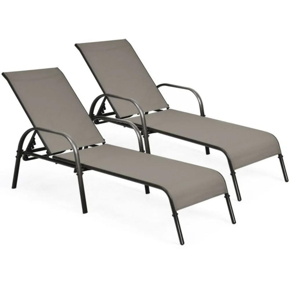 2 Pieces Outdoor Patio Lounge Chair Chaise Fabric with Adjustable Reclining Armrest, Adjustable Outdoor Chaise 2