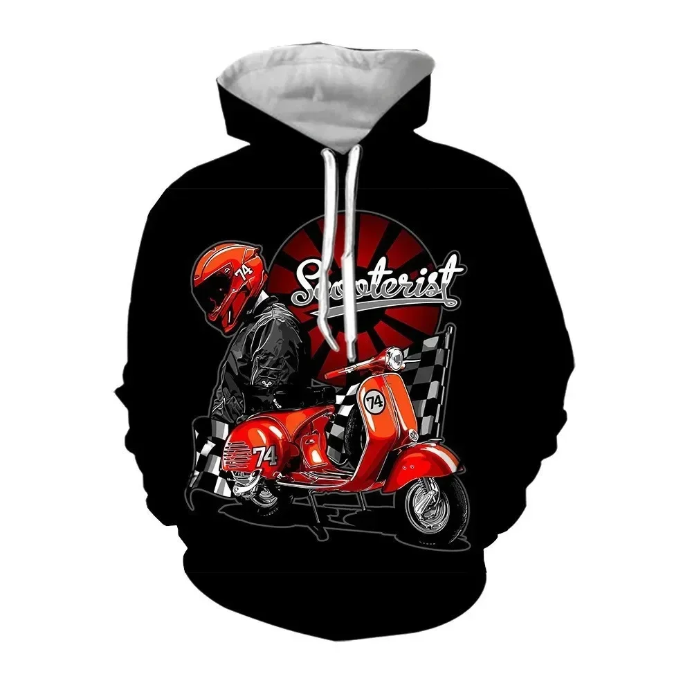 Fashionable Retro Motorcycle Hooded Print Men's Casual Sports Loose Size Pullover Hip-Hop Street Clothing Long Sleeved Hoodie。