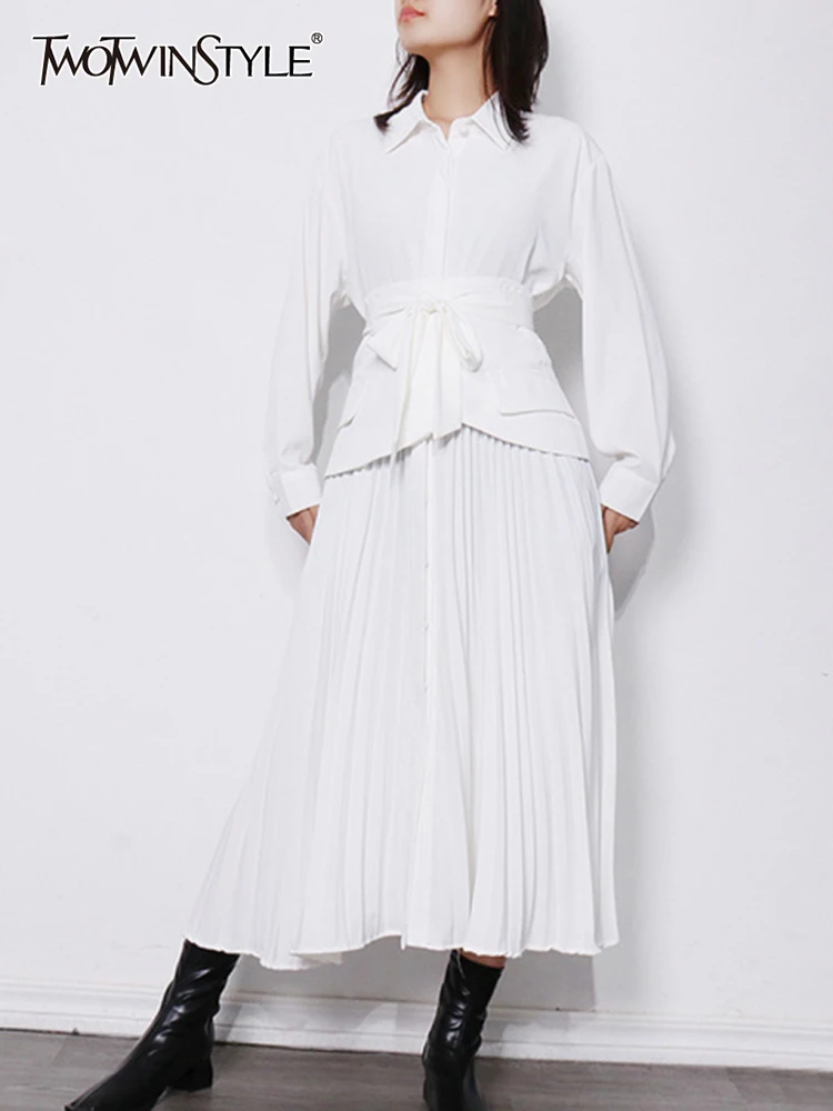 

TWOTWINSTYLE Solid Dress For Women Lapel Long Sleeve High Waist Oversized Fold Pleated Dresses Female 2022 Fashion Clothing New