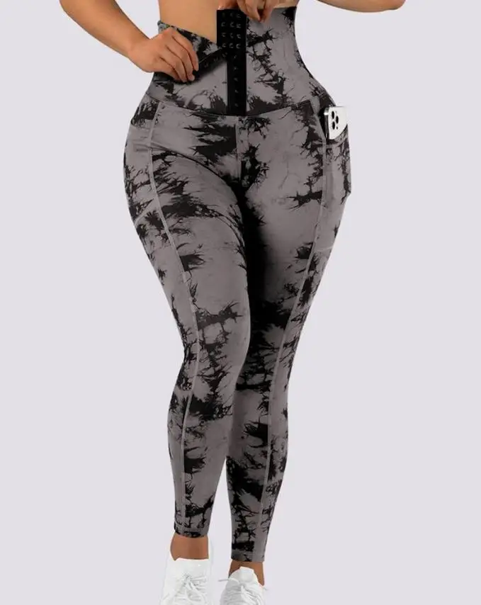 Women's Yoga Pants 2022 Autumn Fashion Casual Skinny Long Pants Tie Dye Print Tummy Control Butt Lifting Pocket Design leggings