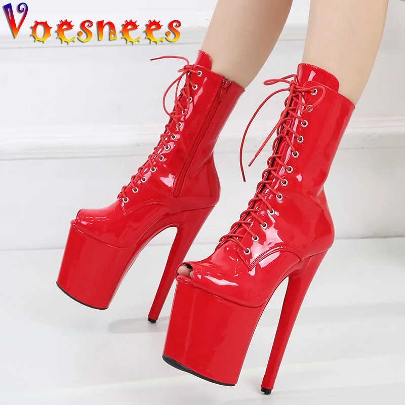 

Fashion Pole Dancing Pumps For Women Bright Patent Leather Red Lace Up Zip Short Boots Woman Platform High Heel Fish Mouth Shoes