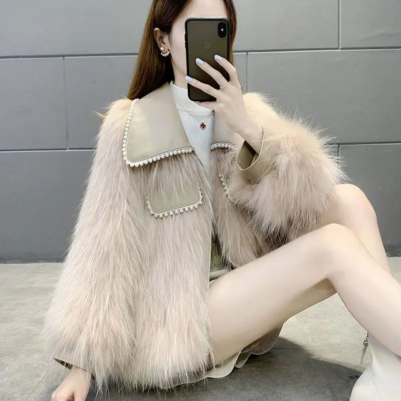 Женская куртка из искусственного меха, весна-осень 2024, элегантная женская модная пушистая куртка с лисьим воротником, куртки для QY12