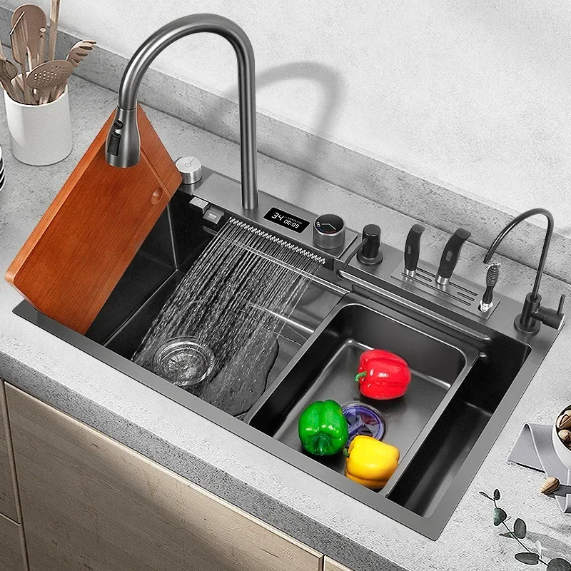 Stainless Steel Multifunctional Sink for Kitchen Sink Cuba Waterfall Sink Black Nano Wash Basin Smart 4