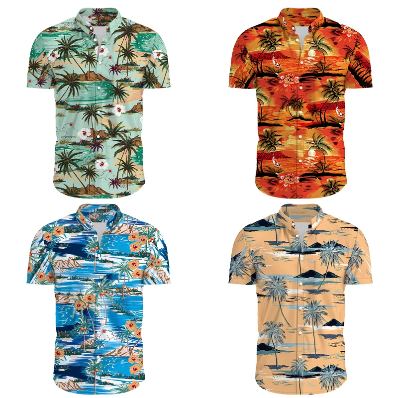 Hawaiian Style 3D T-shirt For Men Fashion Lapel Collar Short Sleeve Shirt Sunset Beach Men's T-shirt Loose Shirt Men's Clothing