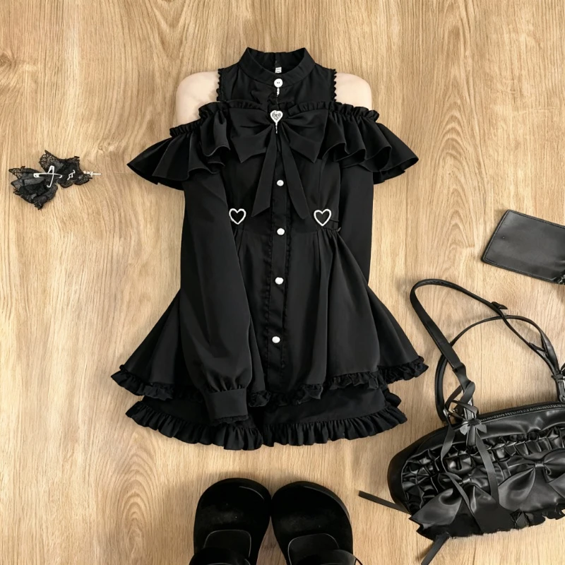 Y2k Harajuku Sweet Two-Piece Short Sets Long Sleeve Off Shoulder Solid Lace Shorts Skirts Bow Button Women Casual Kawaii 2025 6