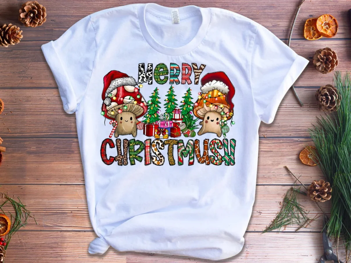 

New Merry Christmas Tree Mushroom Graphic Print T Shirt Girls Funny Fashion Have Yourself Groovy Santa Claus T-Shirt Female Tops