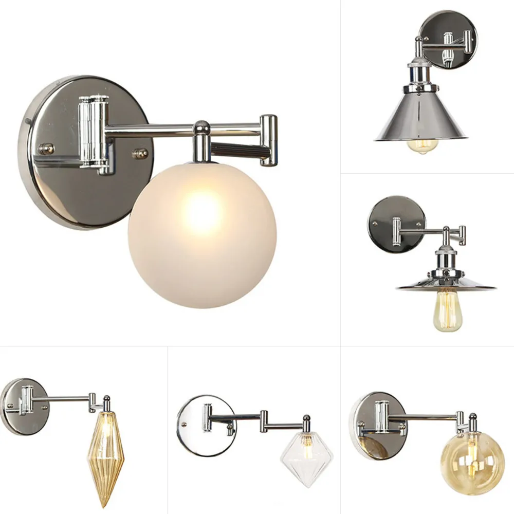 

Plating Chrome Silver Vintage Wall Lamp Beside Bedroom Stair Adjustable Swing Long Arm LED Wall Light Sconce Loft Decor