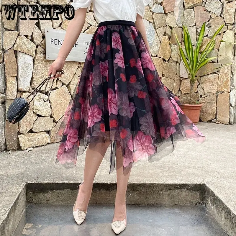 

WTEMPO Irregular Mesh Skirts 2023 Spring Summer New Elastic High Waist Slim Butterfly Printed Large Swing Tulle Tutu Skirts