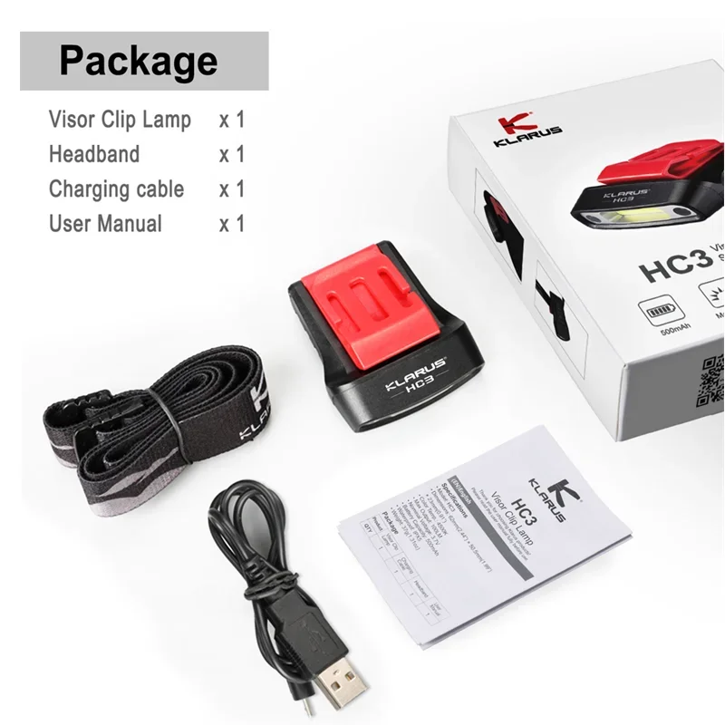 Klarus HC3 모션 감지 바이저 클립 램프 100루멘 USB 충전식 COB+LED 헤드램프 27H 런타임 내장 배터리 헤드라이트