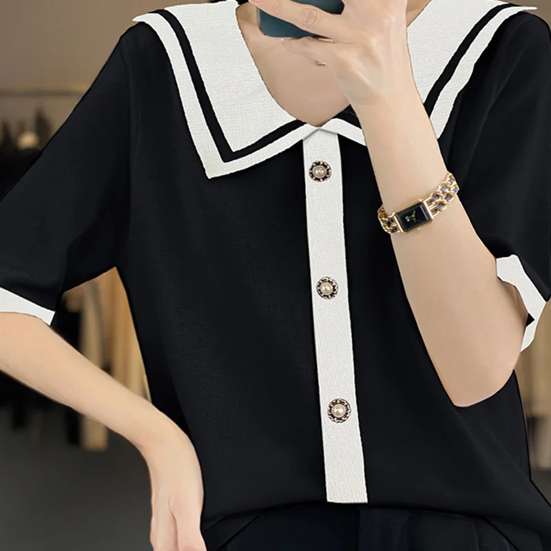 2024 New Summer Korean Style Elegant Fashion Solid Color Office Lady Women's Shirt Loose Casual Button V Neck Short Sleeve Tops
