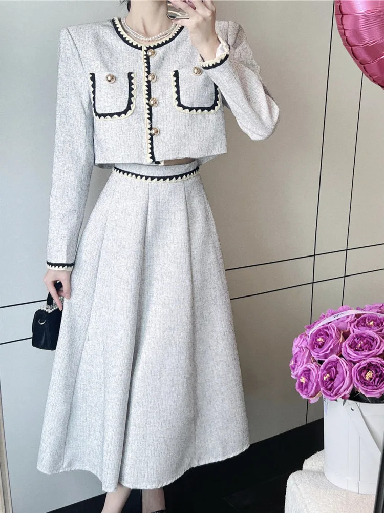 Small Fragrance Two Piece Set Women Puff Sleeve Shirt Crop Top + Pleated  Long Skirt Suits Fall Winter French Vintage 2 Piece Set