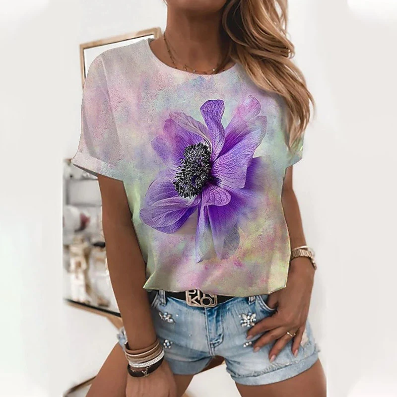 3D Sunflower Print Women's Floral Theme T-Shirt with Flower Printed Vintage Clothes, Harajuku Shirt Ladies Plus Size Tshirts tee shirts