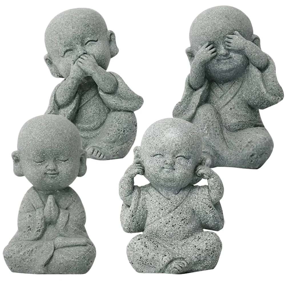

4 Pcs Baby Buddha Statue Home Decor Small Sandstone Monk Bonsai Garden Little Zen Figurine Figurines for Mini