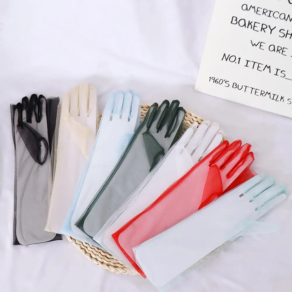 

Thin Ultra Silky Women Sheer Tulle Elbow Thin Gloves Women Gloves Lace Mitten Five Fingers Mitts