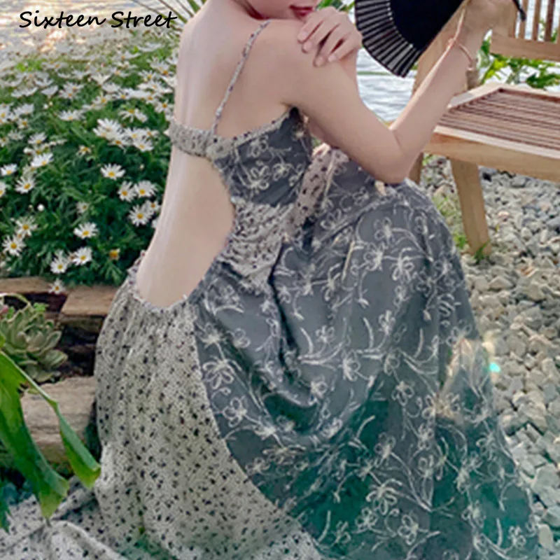 

Женское богемное платье с цветочным принтом, винтажное облегающее платье на бретелях-спагетти с открытой спиной и высокой талией, без рукавов, лето 2023