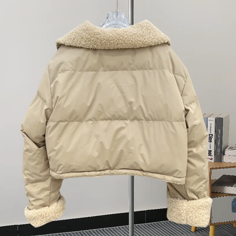 Women's Beige Patchwork Faux Rabbit Fur Parka Coat Warm Fashion Overcoat Harajuku Vintage Padded Coats 2000s Clothes 2024 Winter