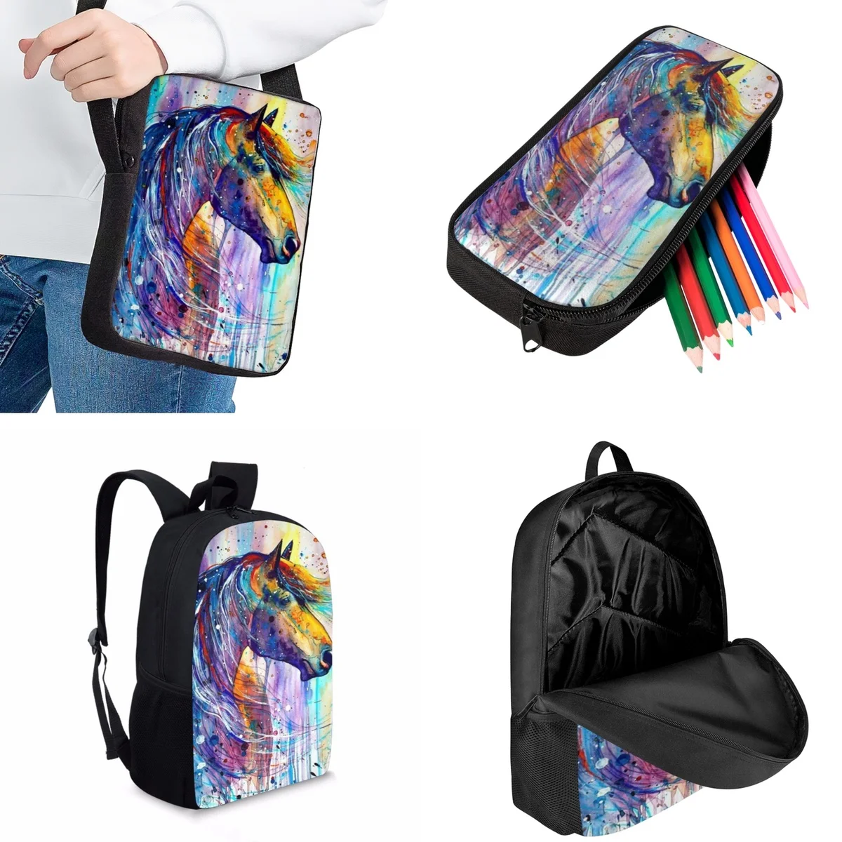 Jackherelook Fashion Aesthetic Horse Print Teen Student School Bag Casual Practical Kids Bookbags Set Daily Backpack Travelbag
