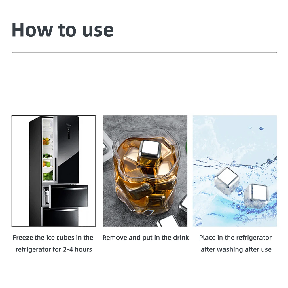 Description Picture 3 of item1/2/4/6 Pc Stainless Steel Ice Cube Set Reusable Chilling Stones for Whiskey Wine Wine Cooling Cube Chilling Rock Party Bar Tool