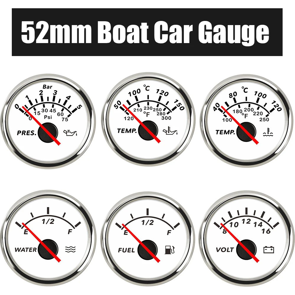 52mm manometro impermeabile olio/pressione di tensione 、 indicatore livello acqua/carburante 、 indicatore temperatura acqua/olio 0-190ohm per auto barca