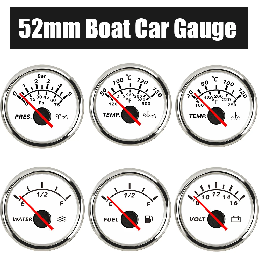 Óleo impermeável e medidor de tensão, combustível Nível Gauge, Água e temperatura do óleo Gauge, barco e carro, 52mm, 0 a 190ohm