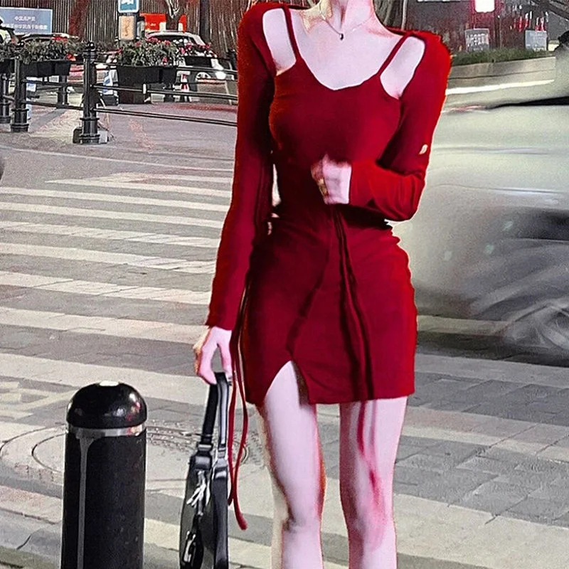 

Pure Sexy Fake Two Piece Lace Up Winter 2023 Girl Design Split Hip Wrap Skirt Party es Women Dress Vestidos Para Mujer