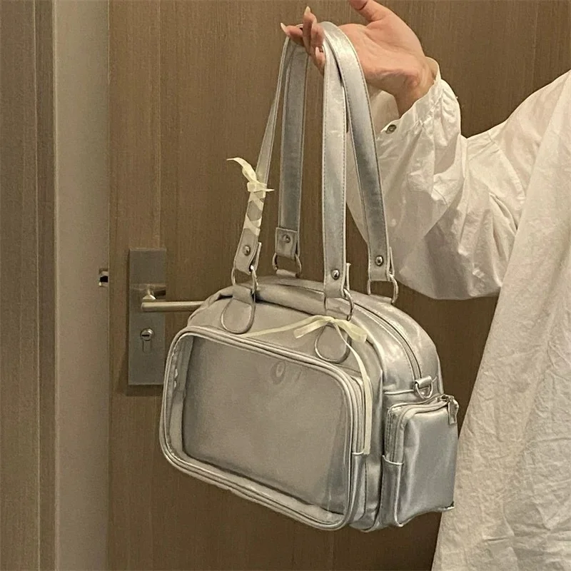 귀여운 리본 장식 이타 숄더백, 투명창 핸드백, 멀티 포켓 데일리 토트백, 탈부착 가능한 크로스바디 스트랩, 캐주얼 데일리 캐리백