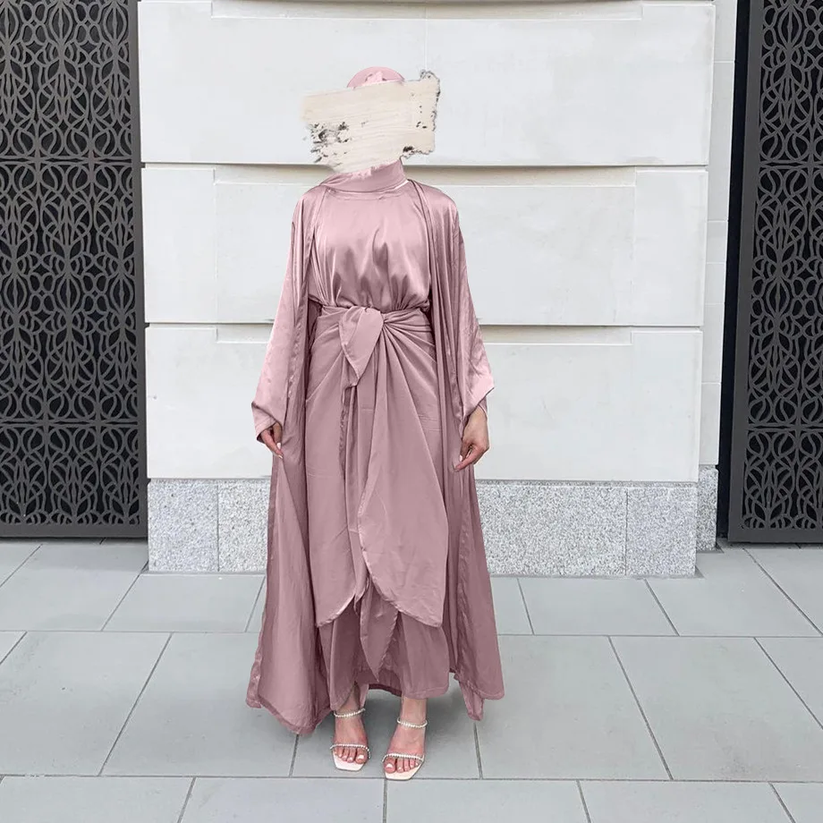 

3 Piece Matching Muslim Sets Satin Open Abaya Kimono Eid Abayas for Women Dubai Turkey Hijab Dress Islam Outfit Wrap Front Skirt