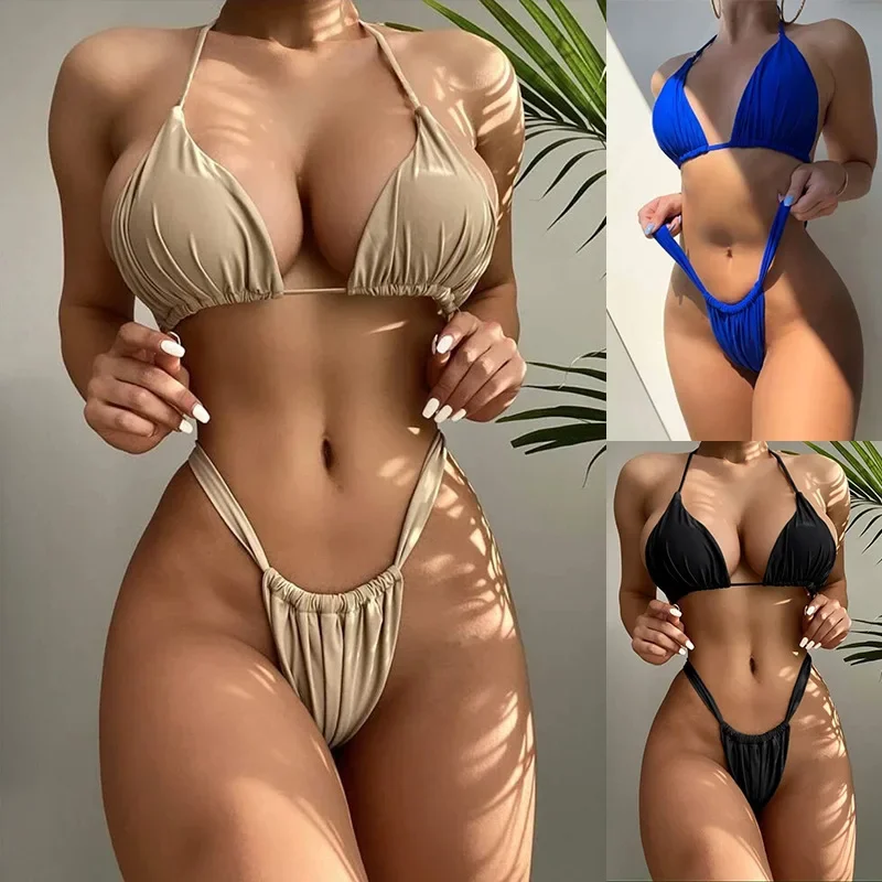 European and American Sexy Solid Color Lace-up Neck Bikini Women Three-point Hot Spring Split Swimsuit
