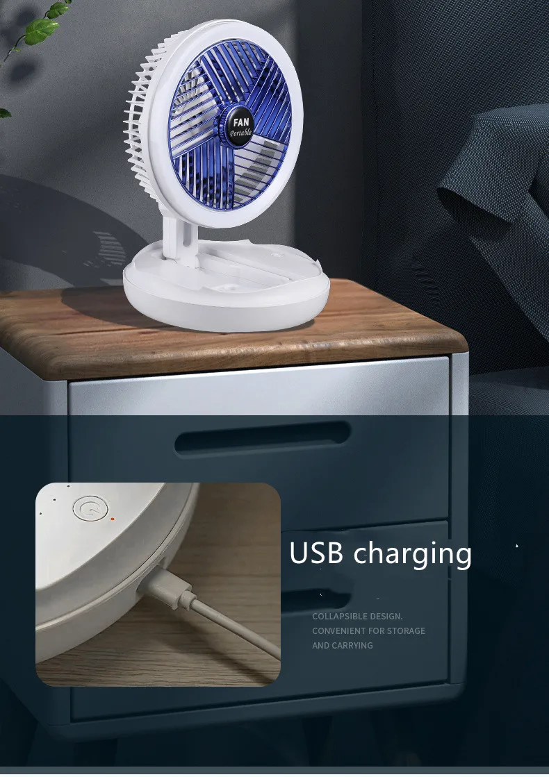 USB Charging Foldable Table Fan Wall Mounted Hanging Ceiling Fan with LED Light 4 Speed Adjustable For Home Room Air Cooler Fan