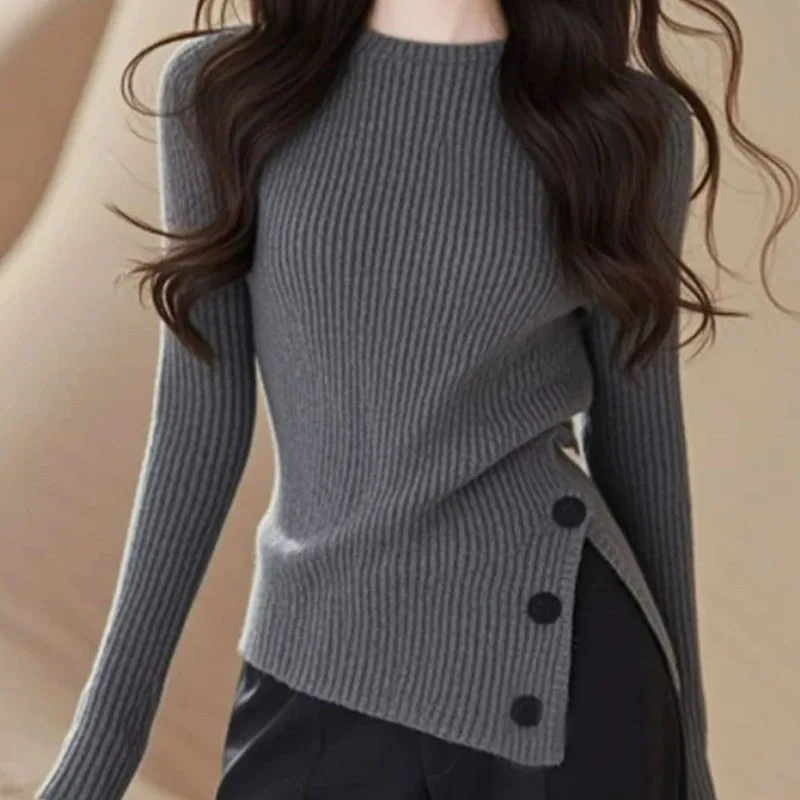 Autumn Winter Fashion Simple Knit O-neck Sweaters Women's Vintage Chic Asymmetrical Pullovers Office Lady Elastic Slim Solid Top 6