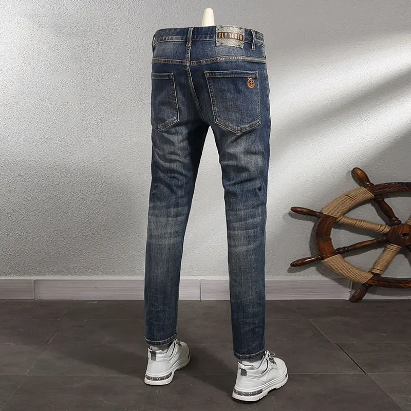 Fashion Vintage Men Jeans High Quality Retro Washed Blue Stretch Elastic Slim Jeans Men Casual Designer Denim Pants Hombre