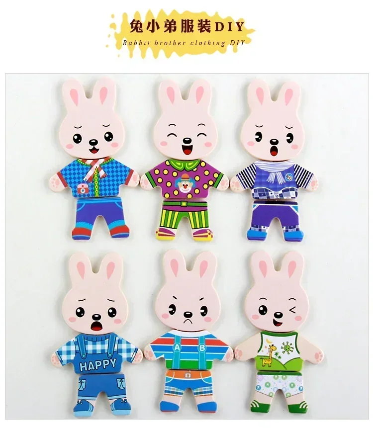DIY Rabbit Change Clothes Wooden Montessori Educational Dress Changing Jigsaw assemble Girl birthday gift Puzzle toy