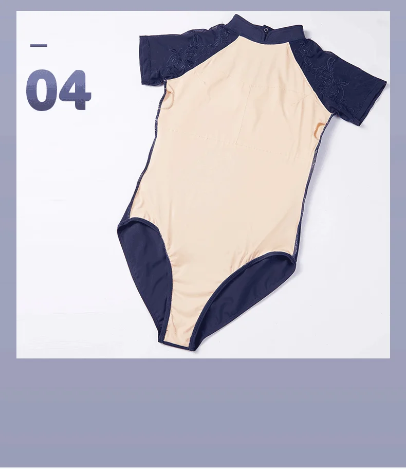 Frauen Ballett Trikots stehen Kragen Tanz Bodysuit mit Knoten Knopf Stickerei Kurzarm Tanz Trikot Gymnastik Bodysuit – Detail 15