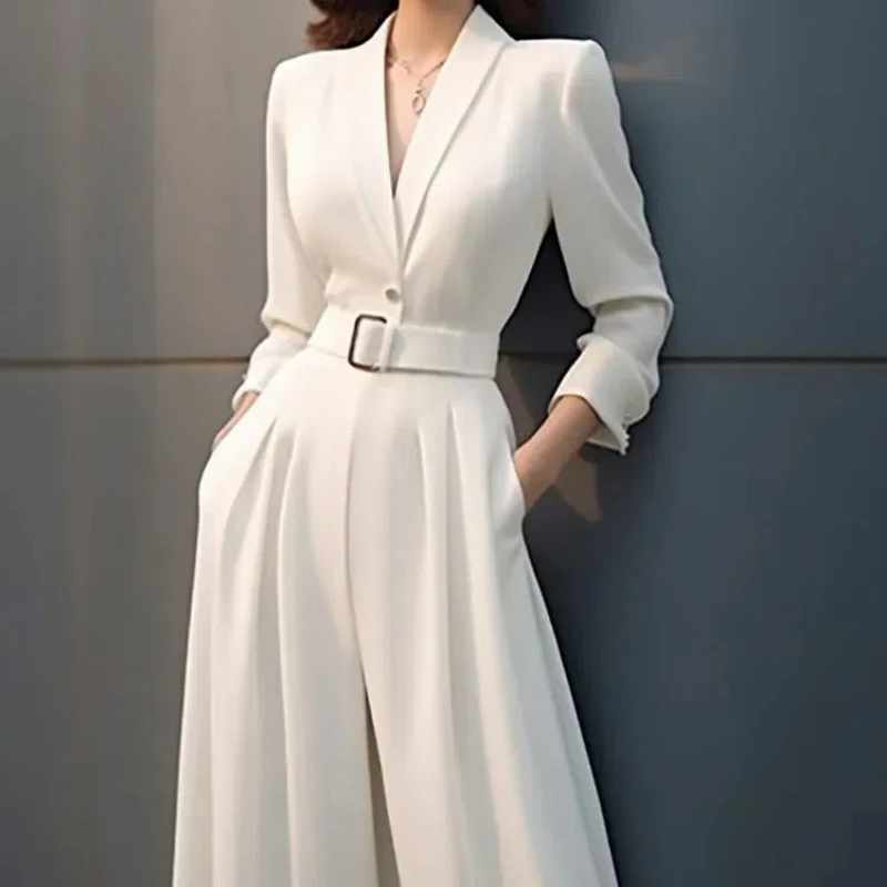 Spring Autumn Solid Color Fashion Jumpsuits Women V-neck Long Sleeve High Street High Waist Pockets Patchwork Wide Leg Trousers 1