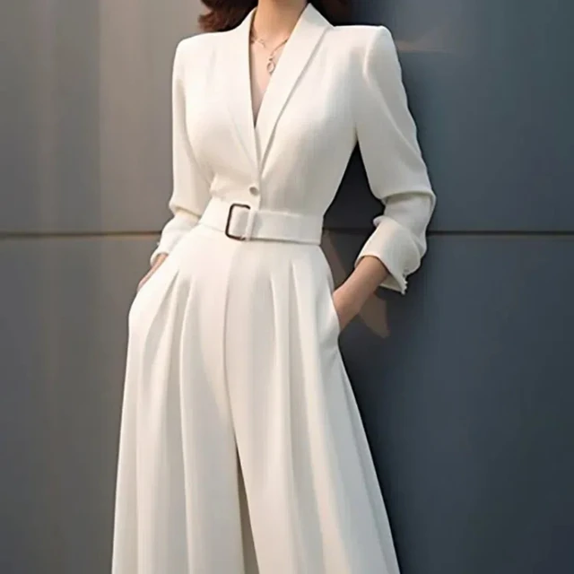 Spring Autumn Solid Color Fashion Jumpsuits Women V-neck Long Sleeve High Street High Waist Pockets Patchwork Wide Leg Trousers 1