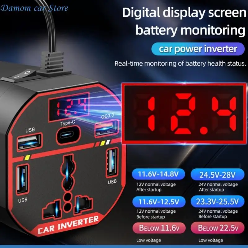 A2UC 200W 자동차 인버터 자동차 담배 라이터 플러그 USB 유형 C 포트 차량 변환기