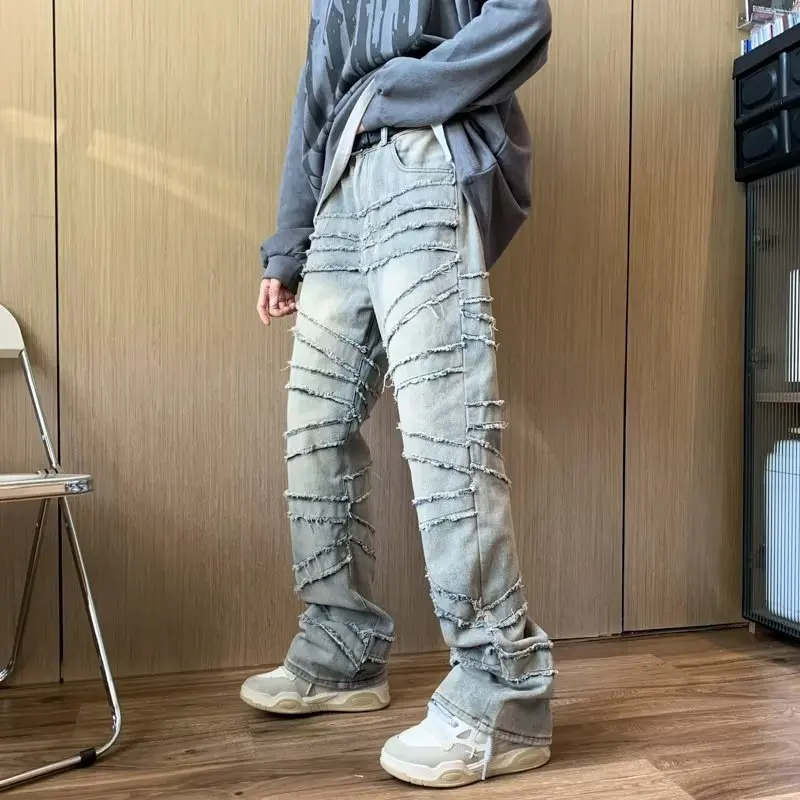 남녀공용 레트로 디스트레스드 라인 울 청바지, 스트리트 캐주얼 워시, 헤비 슬림 y2k 부츠 컷 청바지, 데님, 2024 여름 신상