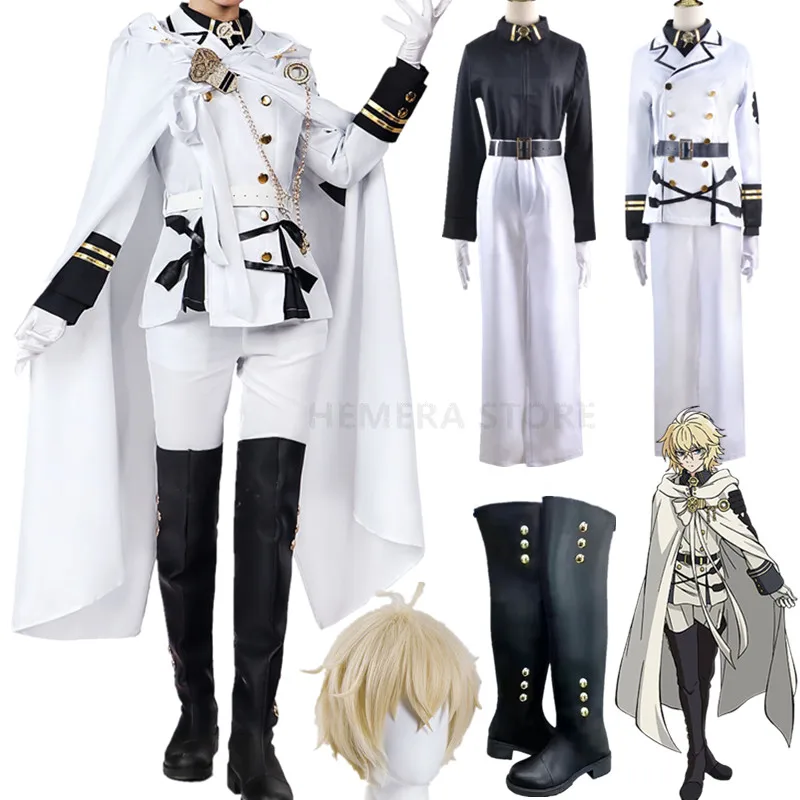 Cosplay Costume Mikaela Hyakuya Cosplay Anime Seraph Of The End Cosplay Costume Halloween White Cloak Trench Coat Pants Gloves Wig Uniform Play